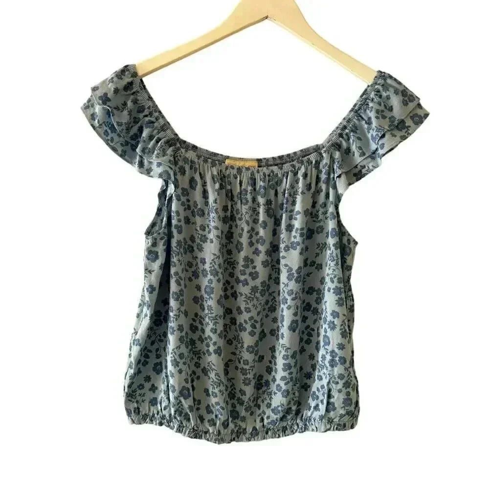 The General Good Blue Floral Ruffle Cap Short Sleeves  Bohemian SZ S #1884